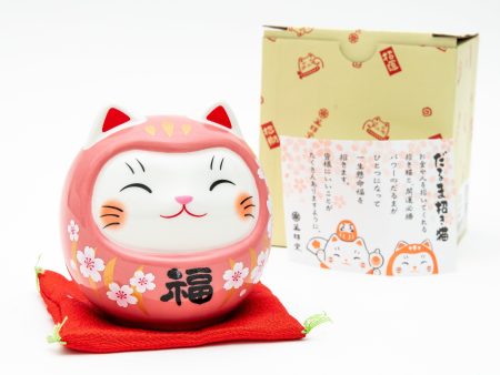 9.5cm M Cherry Blossoms Daruma Cat With Zabuton Cushion Ceramic Coin Bank Supply