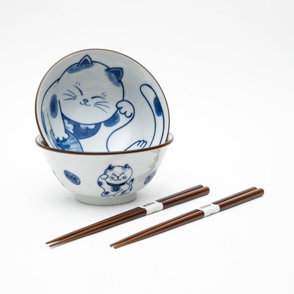 2Sets Ensembles 15cm Beckoning Cat For Gift In Box Ceramic Bowls & Chopsticks Set Online Hot Sale