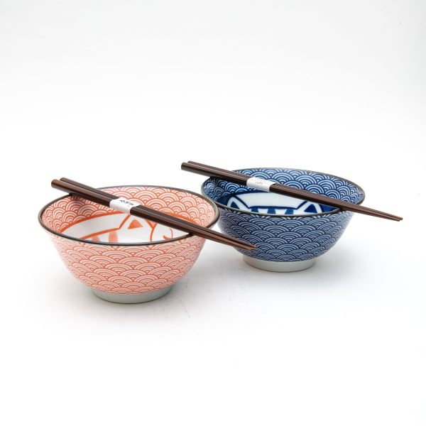 2 Sets Ensembles Cat Wave Pattern For Gift In Box Ceramic Bowls & Spoons Set Sale