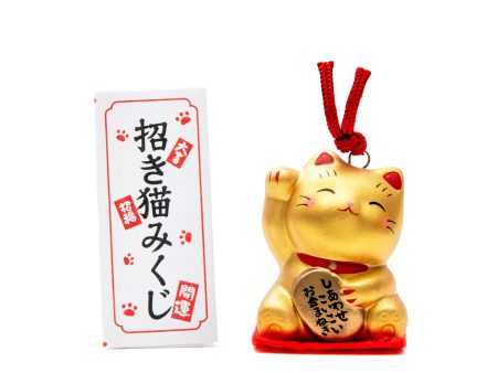 Yakushigama Ceramic Beckoning Cat with Omikuji Fortune Slip (Right Paw Raised) For Sale