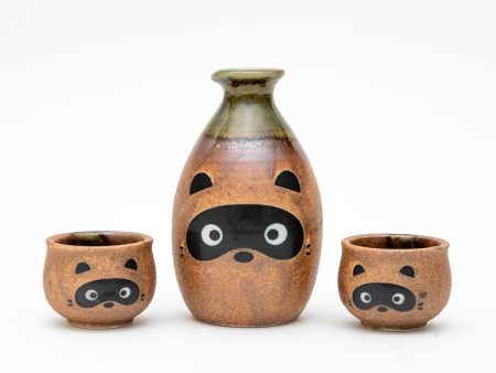 3pcs Raccoon Dog For Gift In Box Ceramic Tokkuri Sake Bottle & Cups Sale