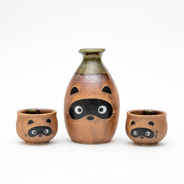 3pcs Raccoon Dog For Gift In Box Ceramic Tokkuri Sake Bottle & Cups Sale